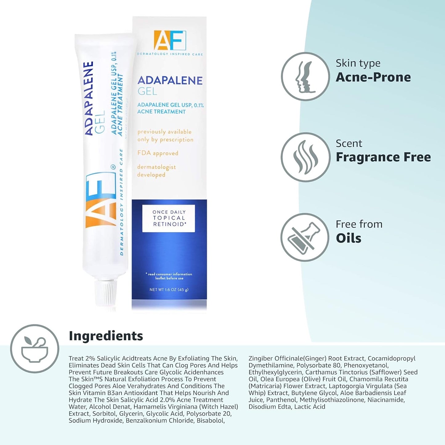 Acne Free Adapalene Gel 0.1% – Once-Daily Topical Retinoid for Acne-Prone Skin – 1.6 oz (45 g) Dermatologist Developed Formula