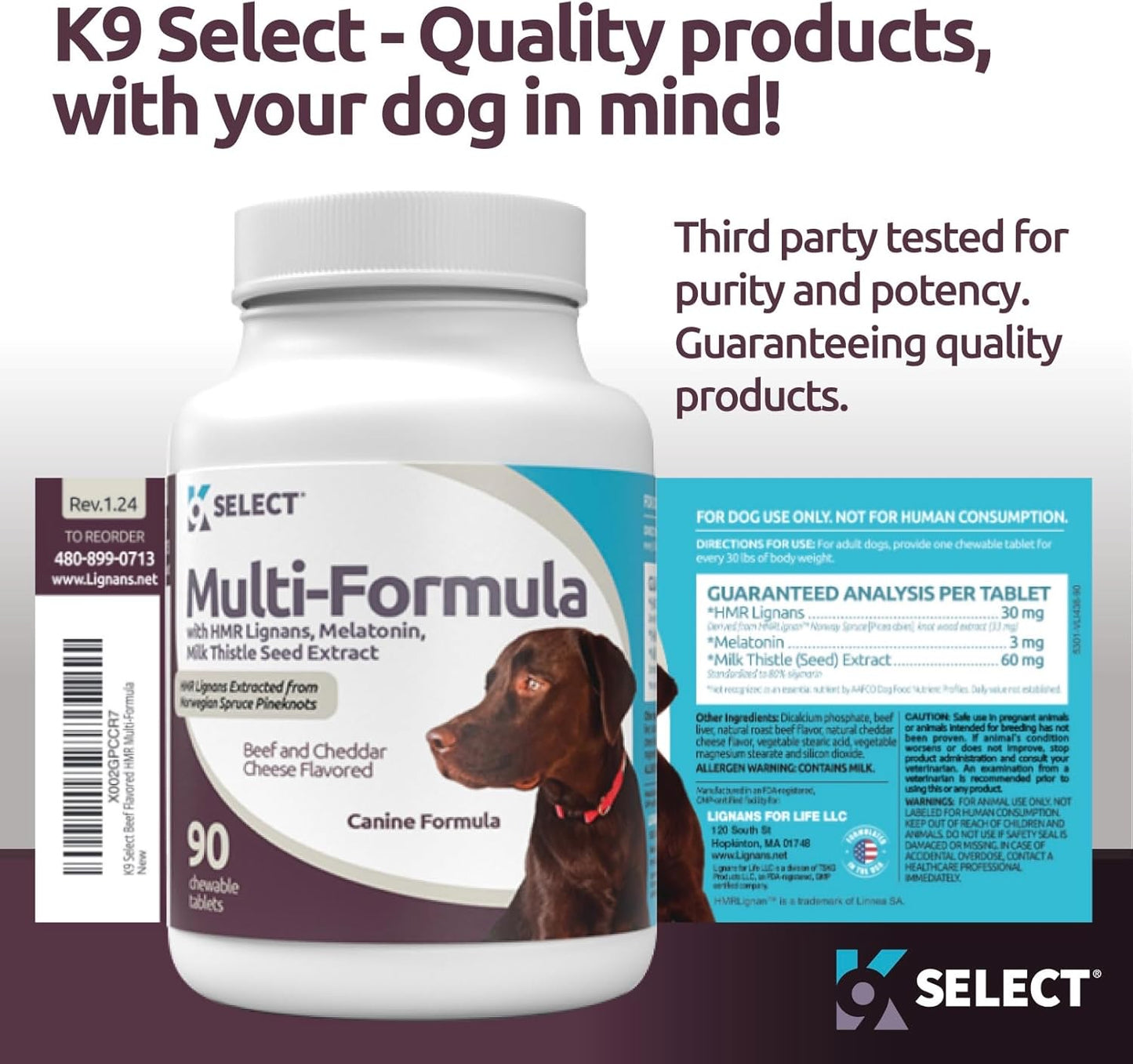 K9 Select Multi-Formula Dog Vitamins for Large Dogs – 90 Beef Tablets | Heart, Liver, Skin & Coat Health with HMR Lignans, Melatonin & Milk Thistle
