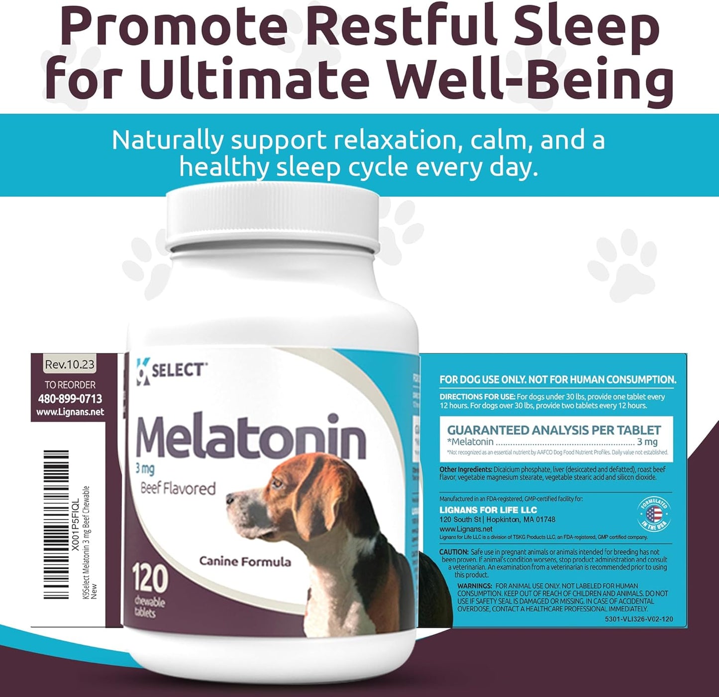 K9 Select Melatonin for Small Dogs – Composure & Calming Chews – 3 mg, 120 Beef Flavoured Tablets for Sleep & Stress Relief
