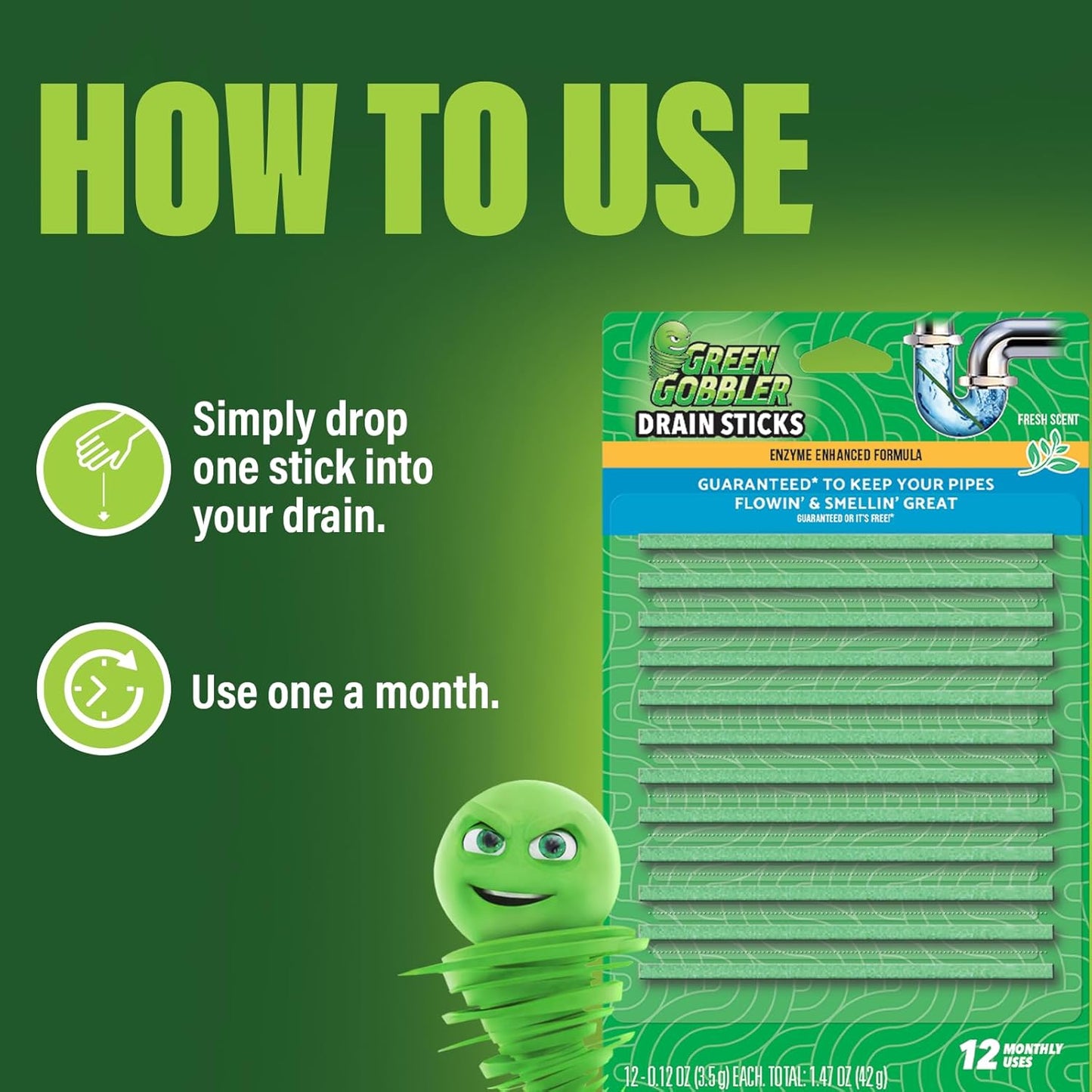 Green Gobbler Drain Cleaner & Deodorizer FRESH SCENT Sticks for Toilet Tanks, Sinks, Bathtub Drains, Washing Machine Drains and Garbage Disposals - 24 Pieces
