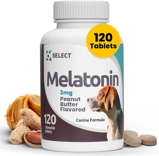 K9 Select Melatonin for Dogs – Calming & Sleep Aid – Stress & Adrenal Support – 120 Peanut Butter Flavoured Tablets (3 mg Each)