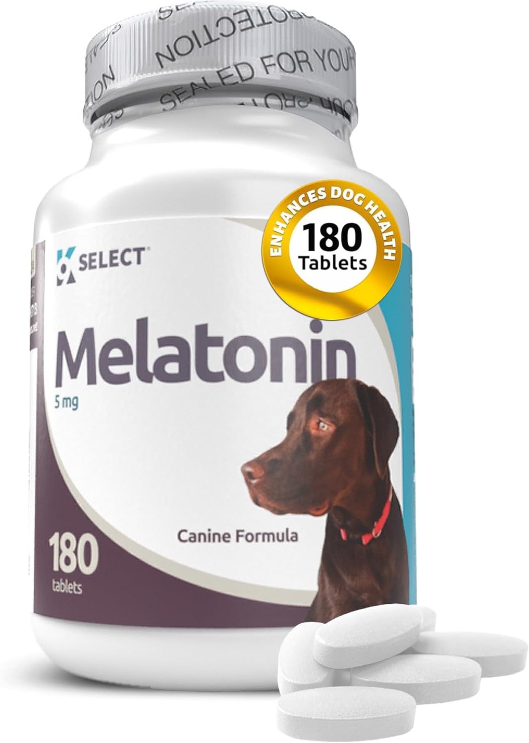 K9 Select Melatonin for Dogs – Calming Aid & Quiet Moments Supplement – 5 mg, 180 Beef Flavoured Tablets for Large Dogs