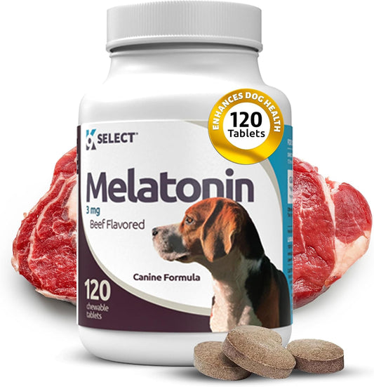 K9 Select Melatonin for Small Dogs – Composure & Calming Chews – 3 mg, 120 Beef Flavoured Tablets for Sleep & Stress Relief