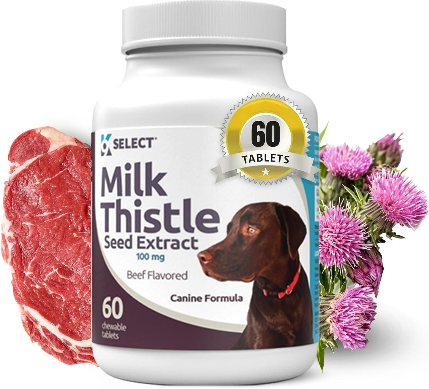 K9 Select Milk Thistle for Dogs – 100 mg Liver Support Supplement – 60 Beef Flavoured Tablets for Canine Detox & Immune Health