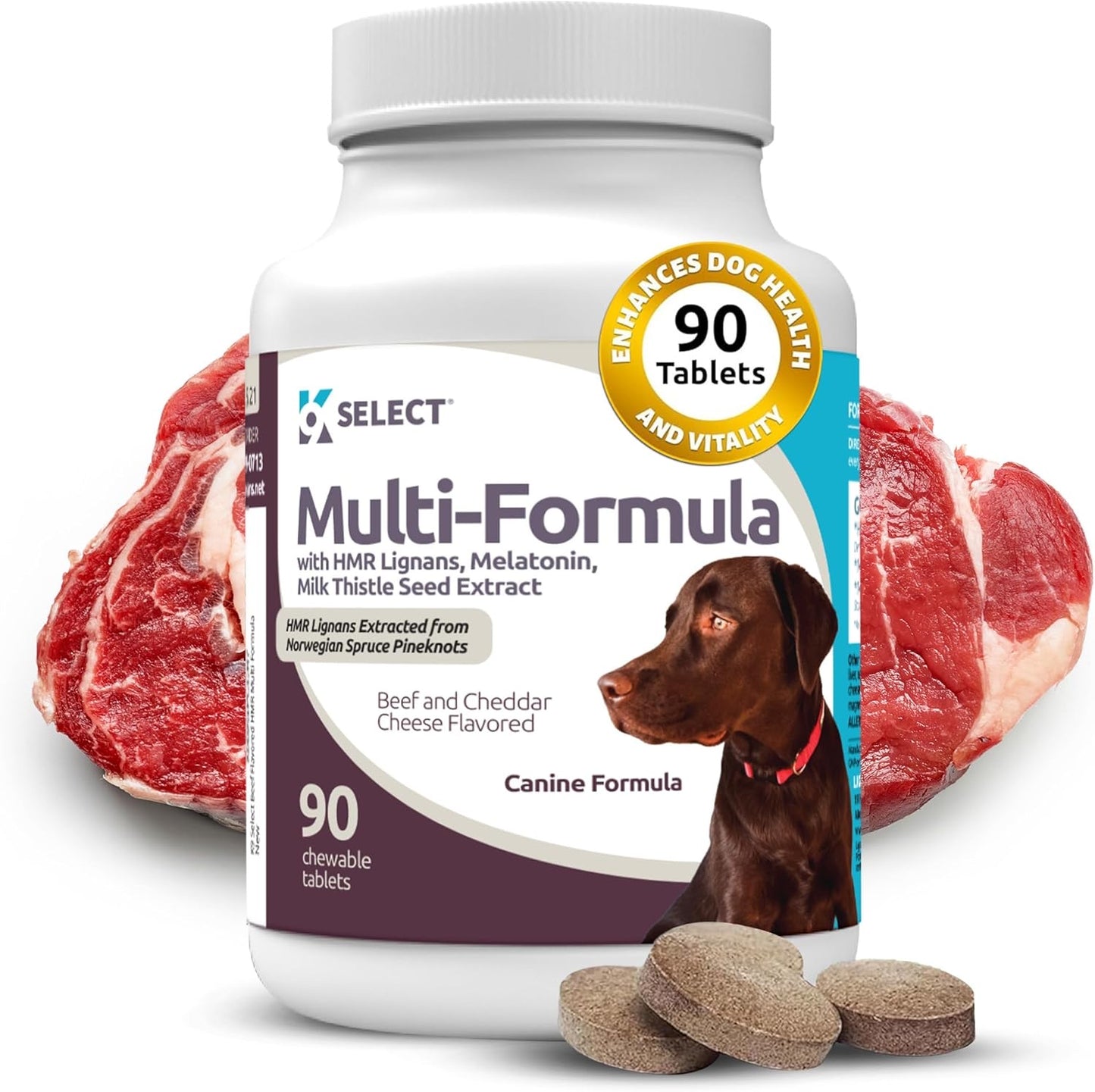 K9 Select Multi-Formula Dog Vitamins for Large Dogs – 90 Beef Tablets | Heart, Liver, Skin & Coat Health with HMR Lignans, Melatonin & Milk Thistle