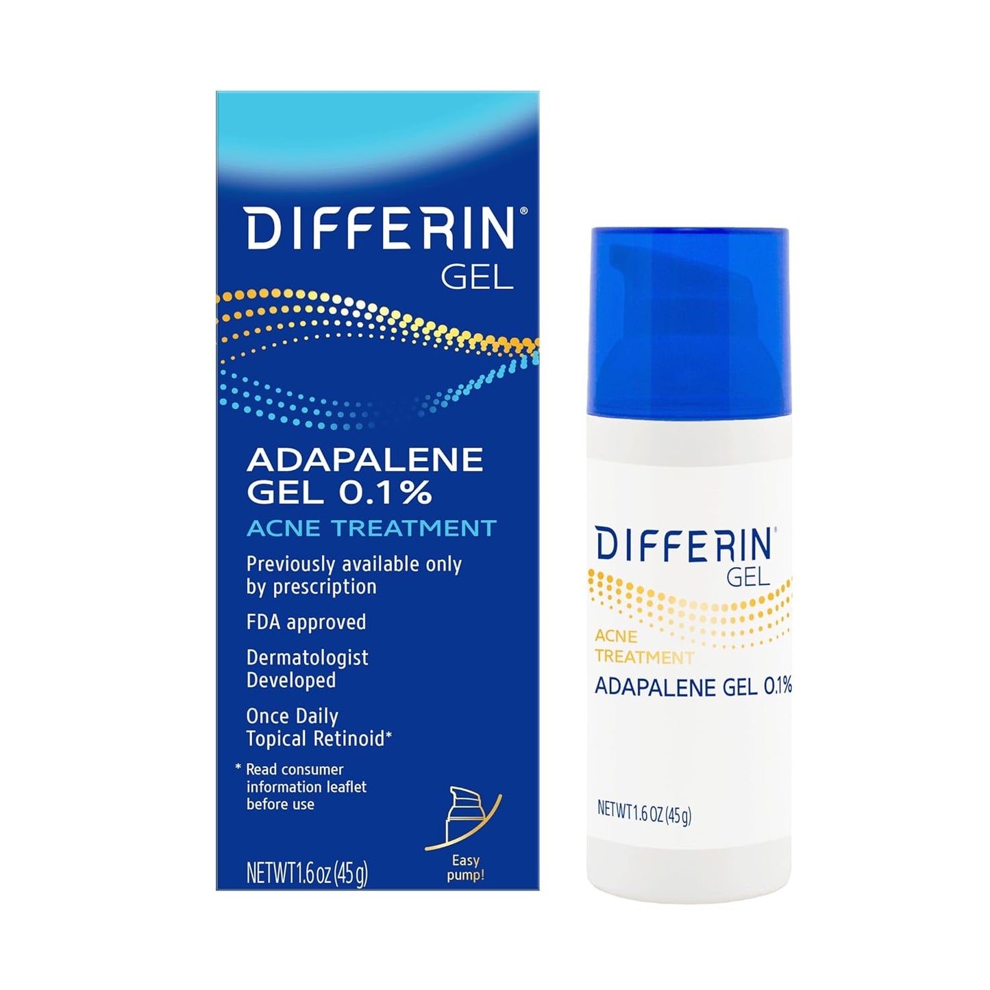Differin Acne Treatment Gel – 0.1% Adapalene Retinoid – 45g Pump (90-Day Supply) – Gentle Skincare for Acne-Prone Sensitive Skin