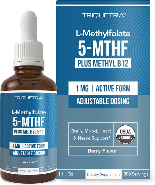 Organic Methyl Folate 1000 mcg + Methyl B12 Liquid Sublingual – 300 Servings – Organic Berry Flavor