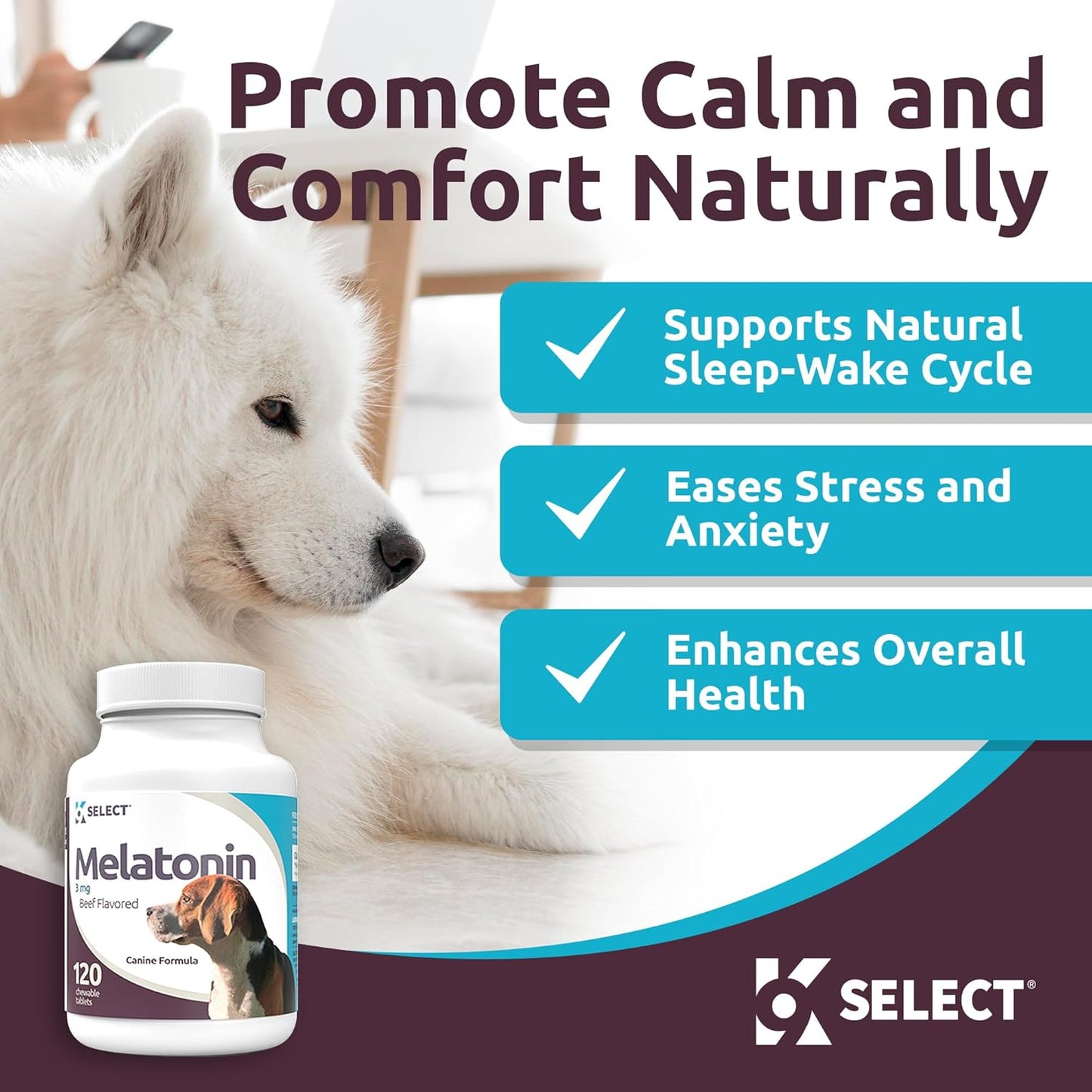 K9 Select Melatonin for Small Dogs – Composure & Calming Chews – 3 mg, 120 Beef Flavoured Tablets for Sleep & Stress Relief