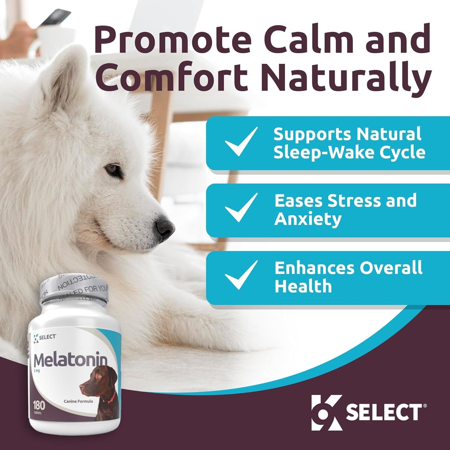 K9 Select Melatonin for Dogs – Calming Aid & Quiet Moments Supplement – 5 mg, 180 Beef Flavoured Tablets for Large Dogs
