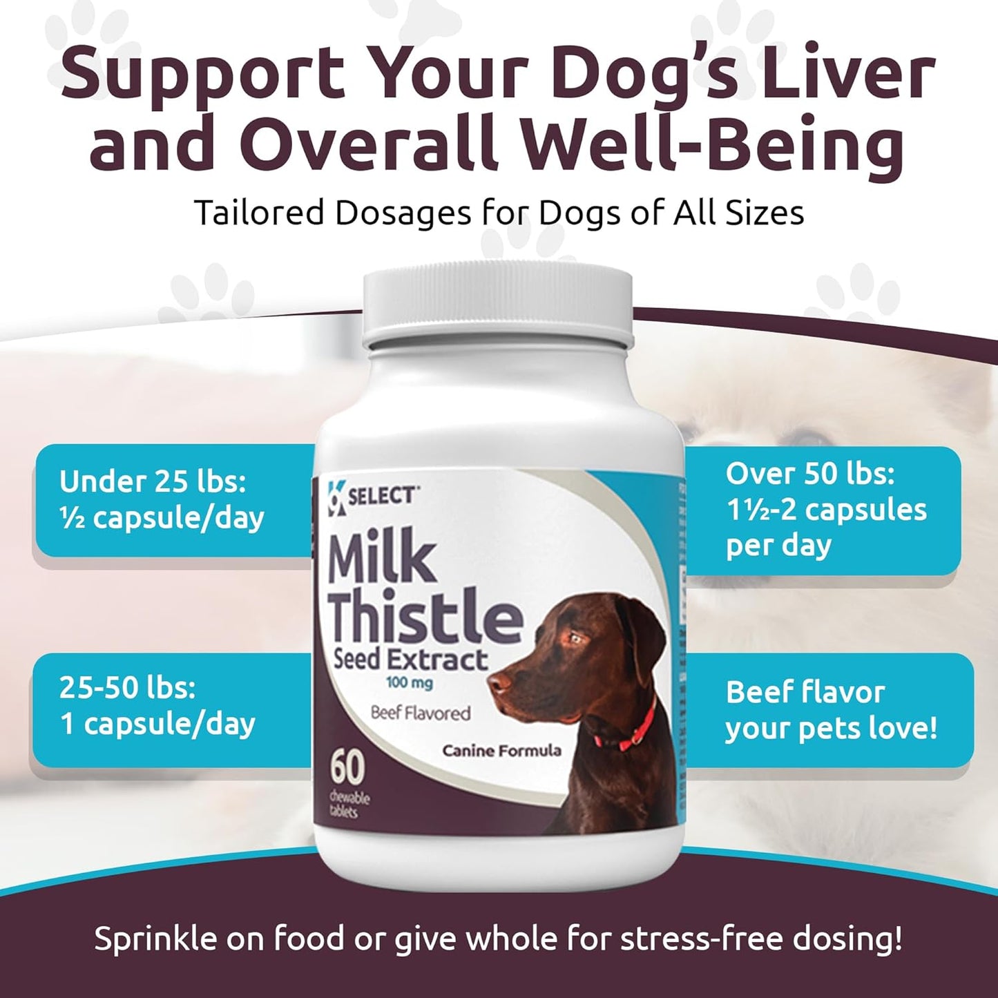 K9 Select Milk Thistle for Dogs – 100 mg Liver Support Supplement – 60 Beef Flavoured Tablets for Canine Detox & Immune Health