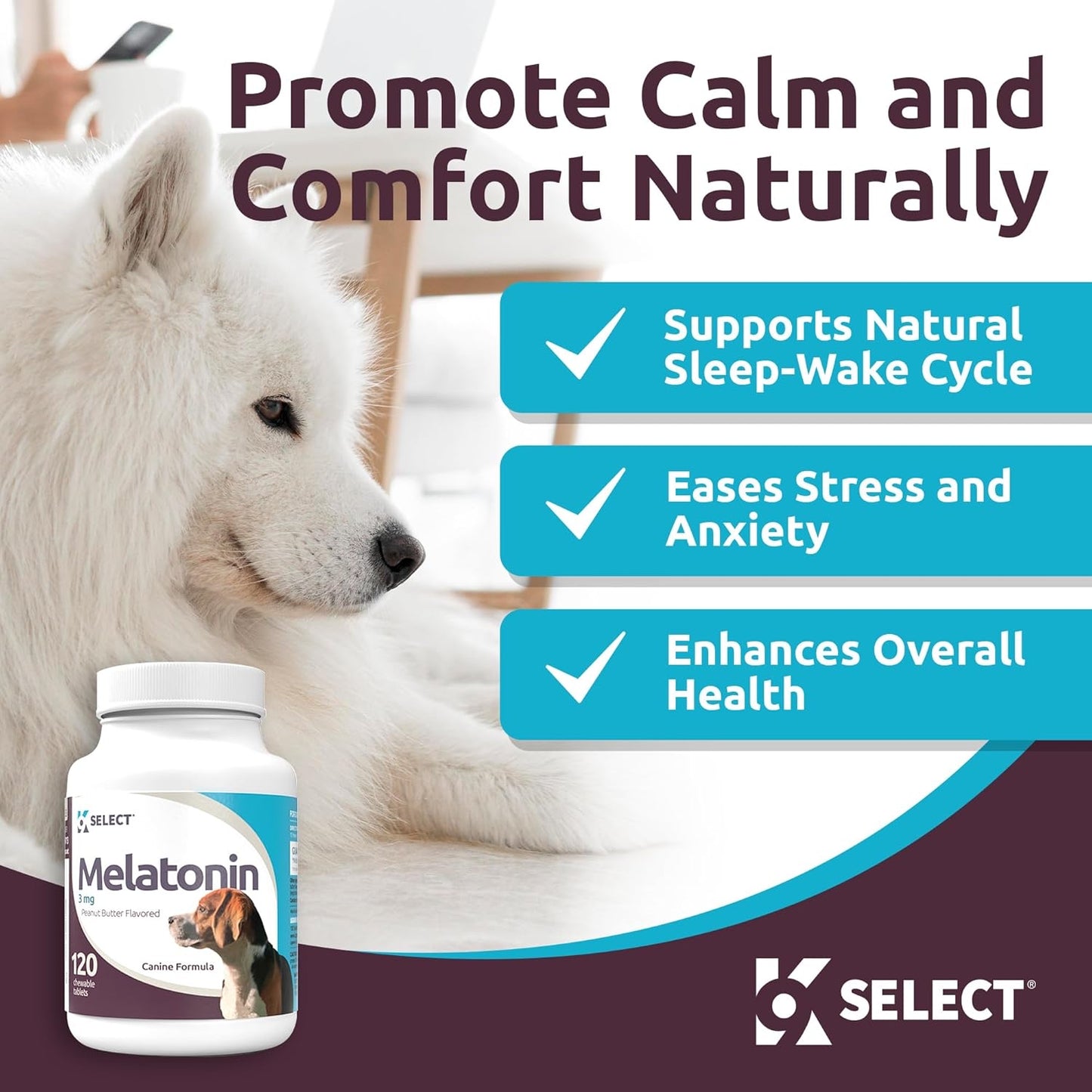 K9 Select Melatonin for Dogs – Calming & Sleep Aid – Stress & Adrenal Support – 120 Peanut Butter Flavoured Tablets (3 mg Each)