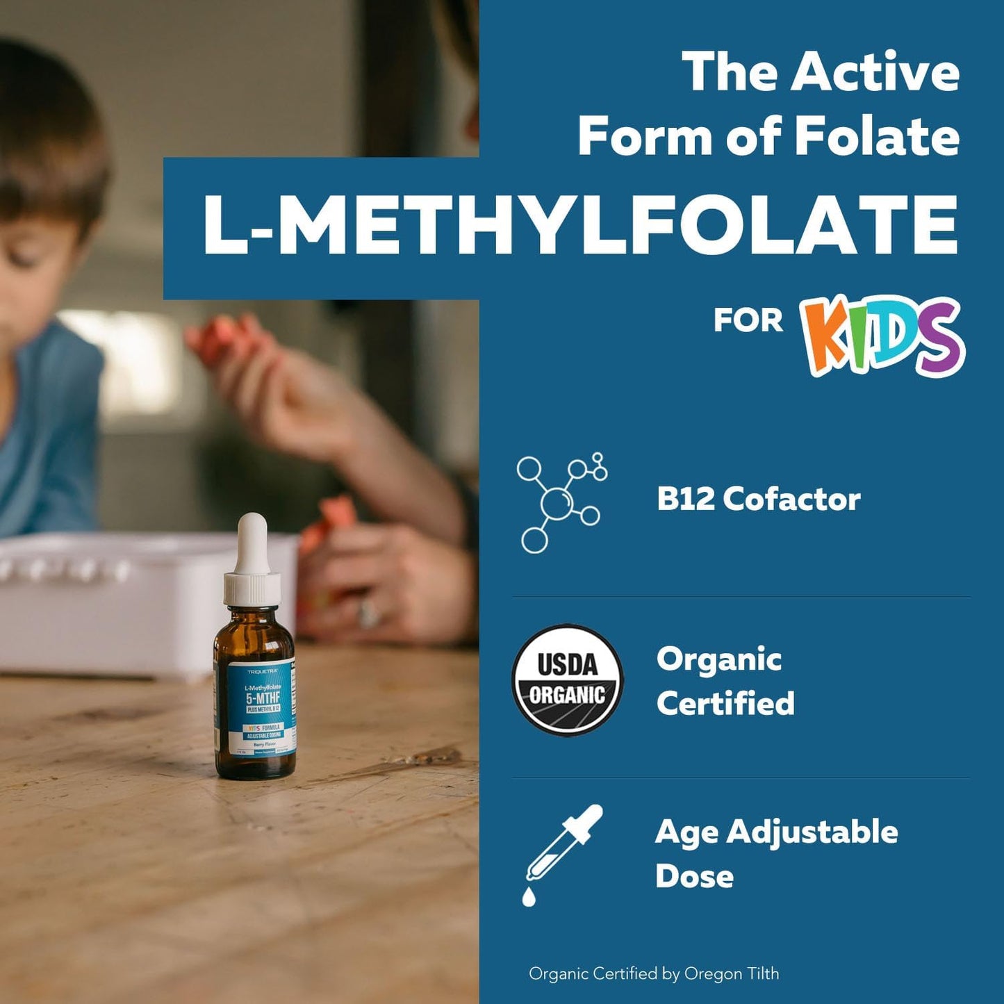Organic Kids Methylfolate + Methyl B12 Cofactor – Sublingual 5‑MTHF – Organic Berry Flavor – Adjustable Dosing – 1 oz (30 ml)