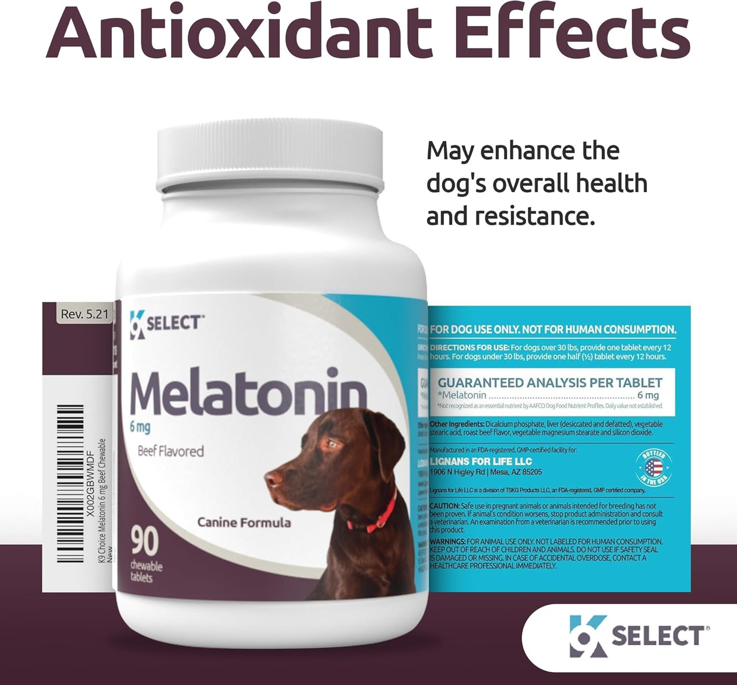 K9 Select Melatonin for Large Dogs – Composure & Calming Chews – 6 mg, 90 Beef Flavoured Tablets for Stress & Sleep Support