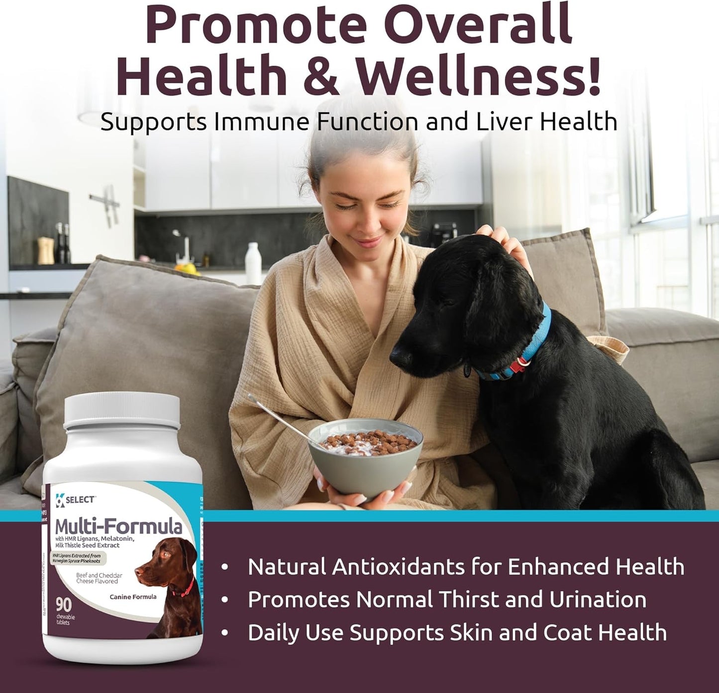 K9 Select Multi-Formula Dog Vitamins for Large Dogs – 90 Beef Tablets | Heart, Liver, Skin & Coat Health with HMR Lignans, Melatonin & Milk Thistle