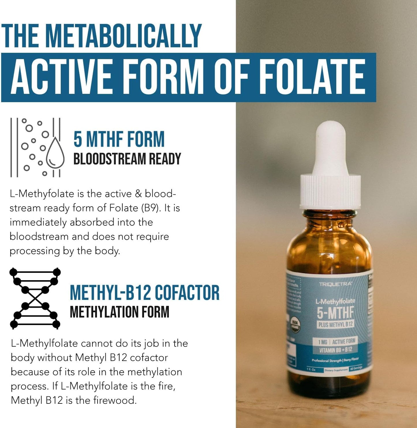 Organic Methyl Folate 1000 mcg + Methyl B12 Liquid Sublingual – 300 Servings – Organic Berry Flavor