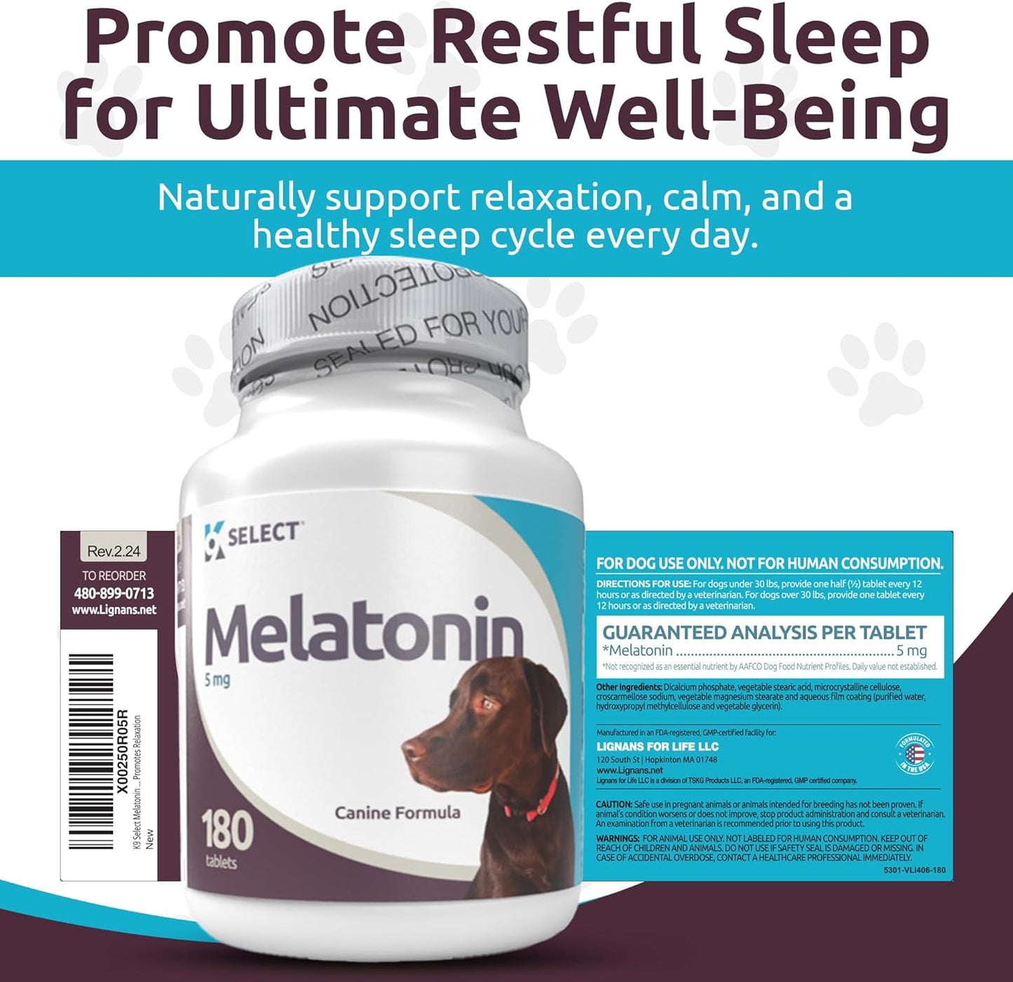 K9 Select Melatonin for Dogs – Calming Aid & Quiet Moments Supplement – 5 mg, 180 Beef Flavoured Tablets for Large Dogs