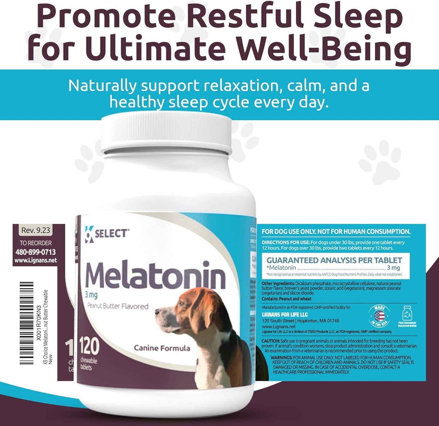 K9 Select Melatonin for Dogs – Calming & Sleep Aid – Stress & Adrenal Support – 120 Peanut Butter Flavoured Tablets (3 mg Each)