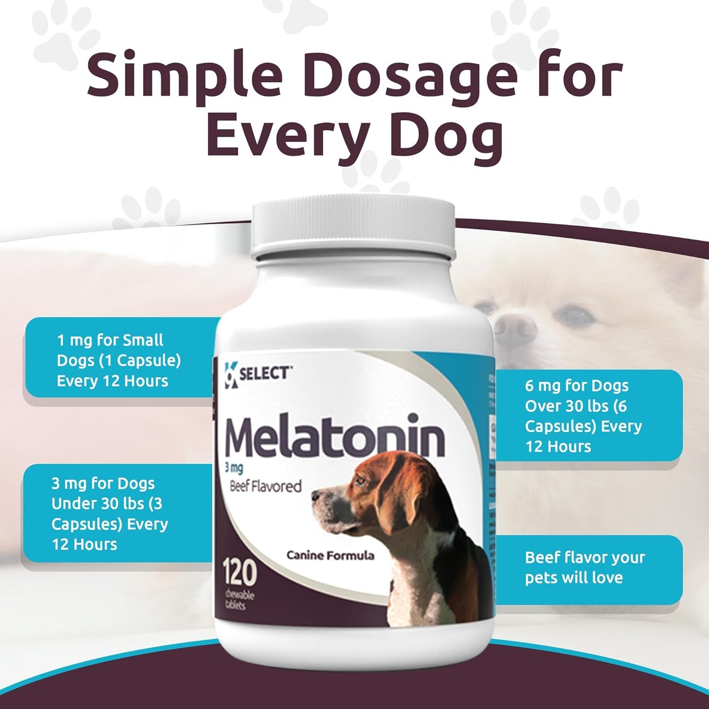 K9 Select Melatonin for Small Dogs – Composure & Calming Chews – 3 mg, 120 Beef Flavoured Tablets for Sleep & Stress Relief