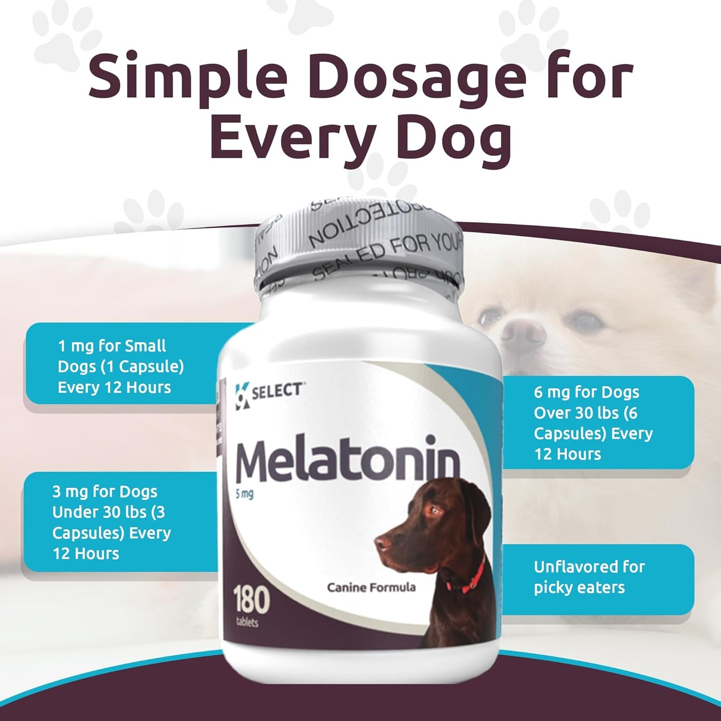 K9 Select Melatonin for Dogs – Calming Aid & Quiet Moments Supplement – 5 mg, 180 Beef Flavoured Tablets for Large Dogs