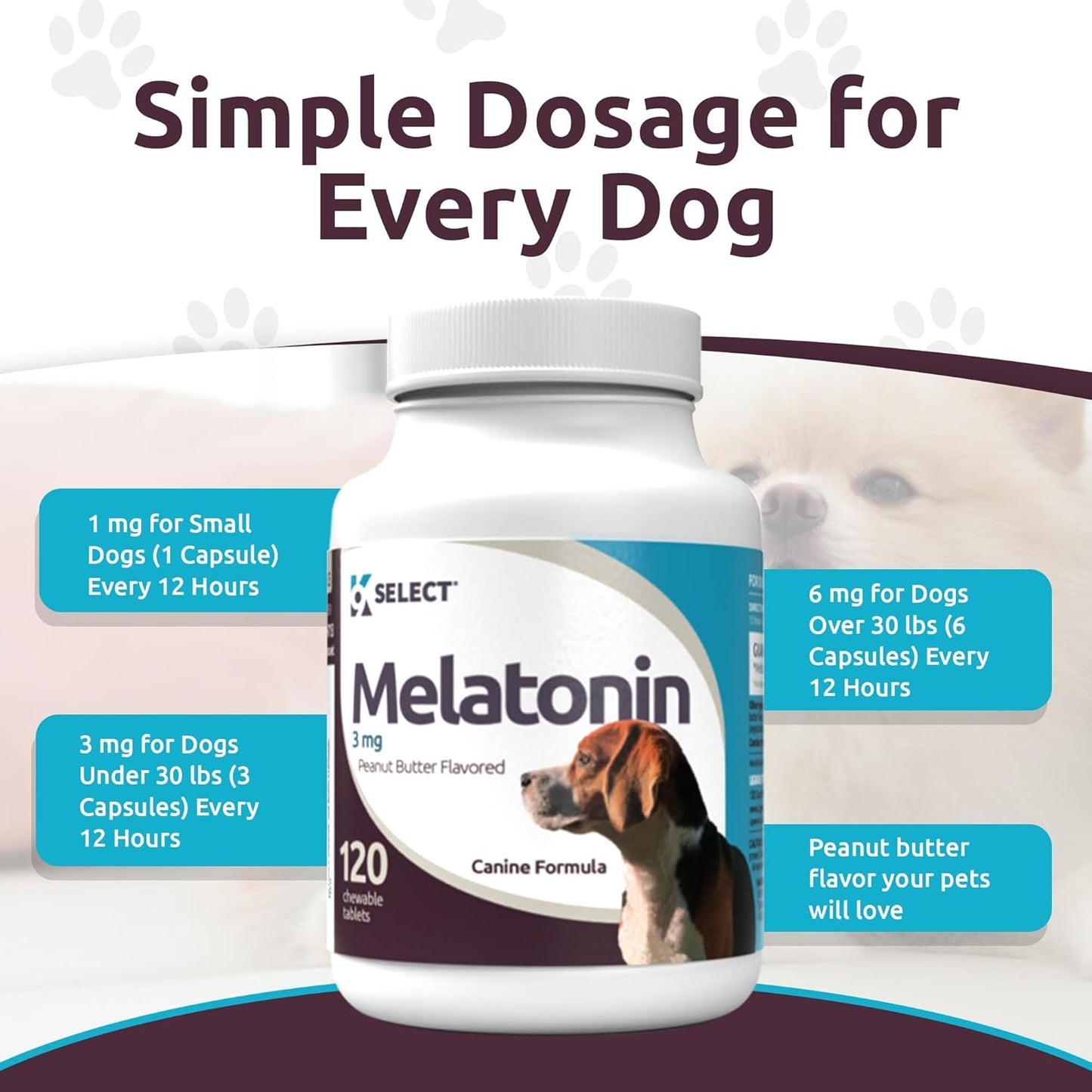 K9 Select Melatonin for Dogs – Calming & Sleep Aid – Stress & Adrenal Support – 120 Peanut Butter Flavoured Tablets (3 mg Each)