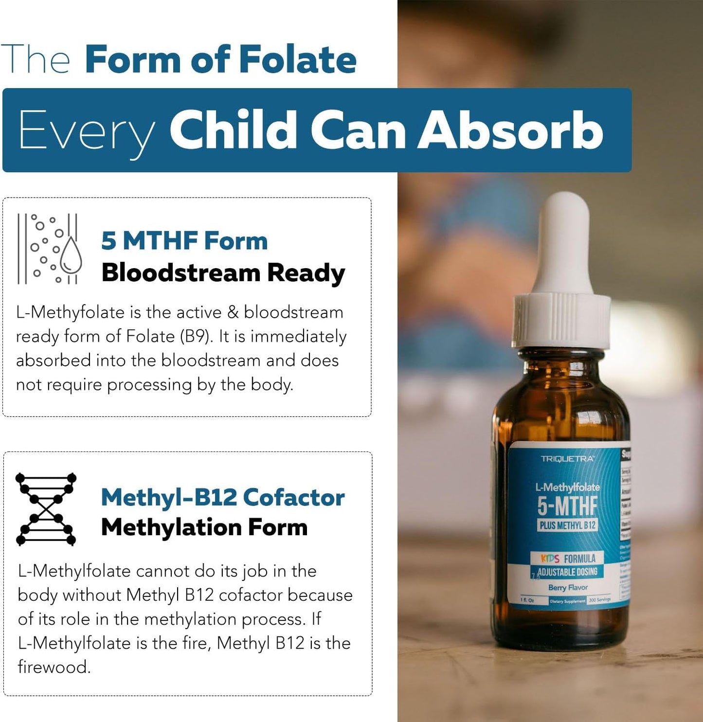 Organic Kids Methylfolate + Methyl B12 Cofactor – Sublingual 5‑MTHF – Organic Berry Flavor – Adjustable Dosing – 1 oz (30 ml)