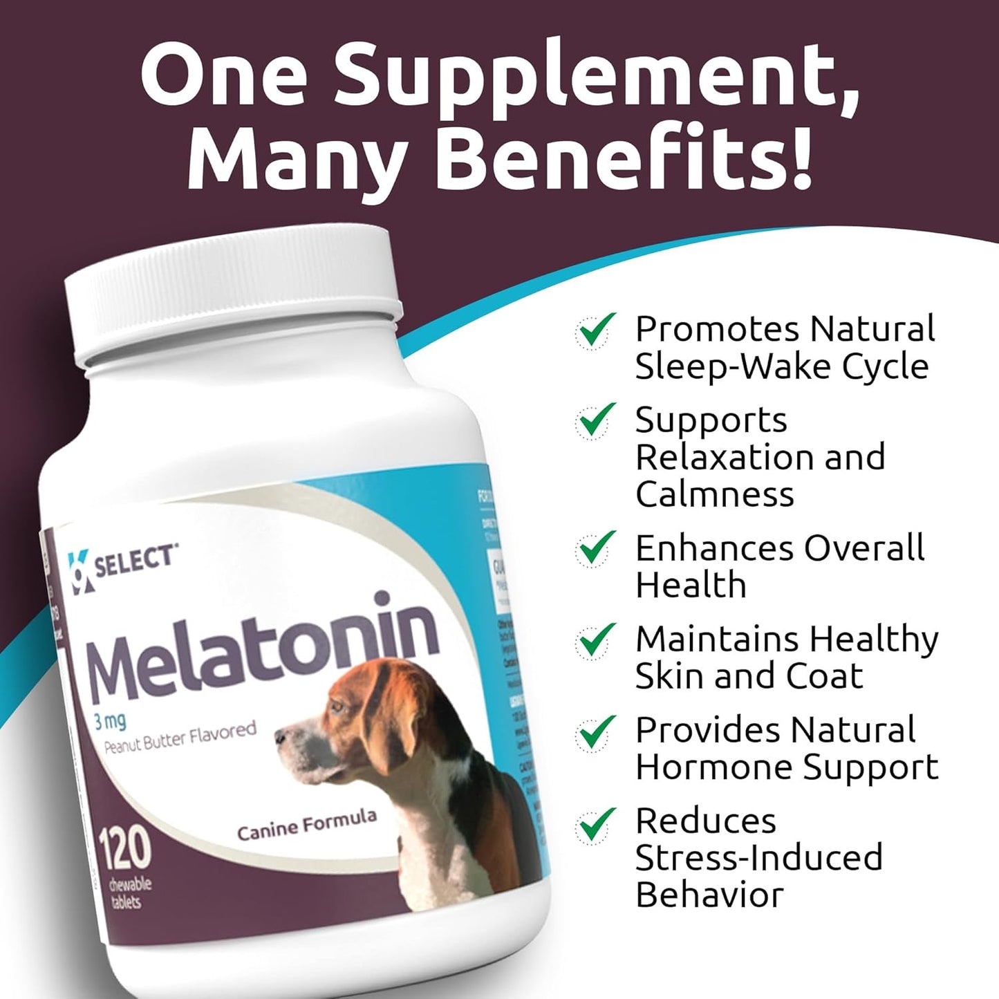 K9 Select Melatonin for Dogs – Calming & Sleep Aid – Stress & Adrenal Support – 120 Peanut Butter Flavoured Tablets (3 mg Each)