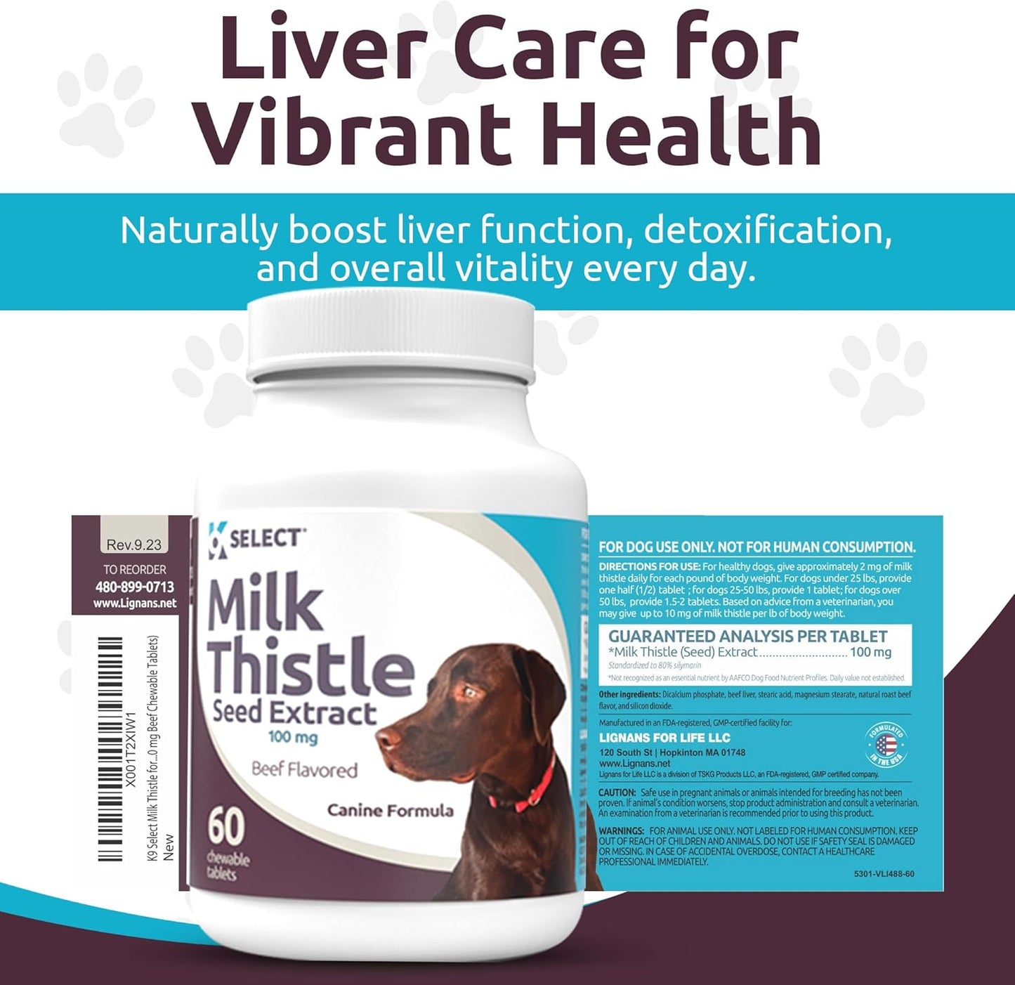 K9 Select Milk Thistle for Dogs – 100 mg Liver Support Supplement – 60 Beef Flavoured Tablets for Canine Detox & Immune Health