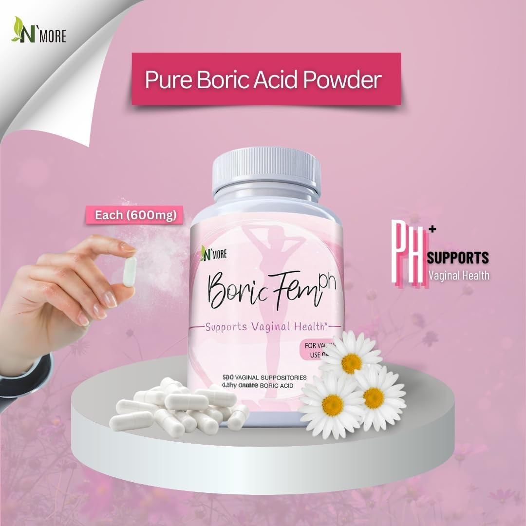 N'More Boric Acid Vaginal Suppositories – 100% Pure Boricfem Formula – pH Balance & Feminine Freshness Support – 30 Count, Made in USA