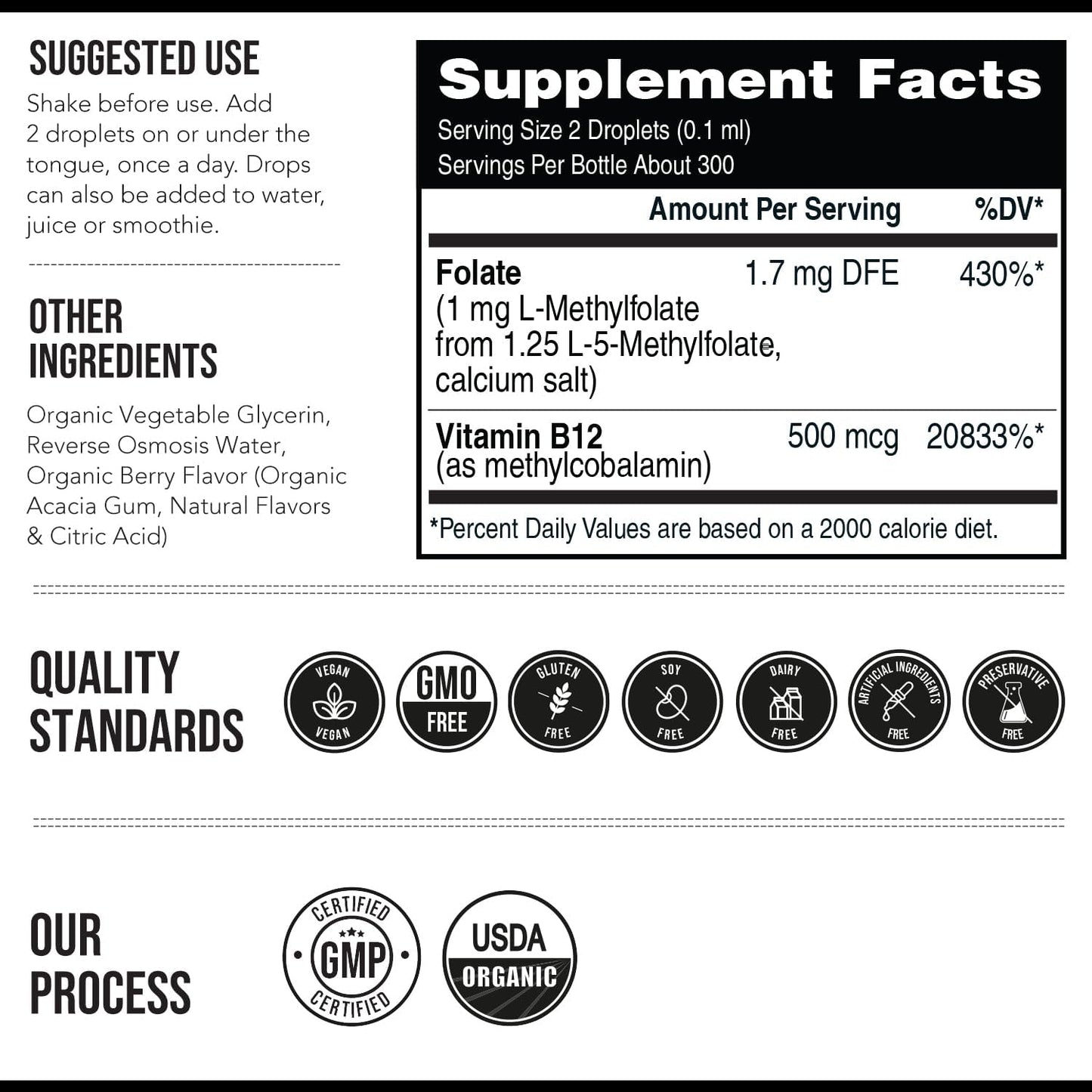 Organic Methyl Folate 1000 mcg + Methyl B12 Liquid Sublingual – 300 Servings – Organic Berry Flavor
