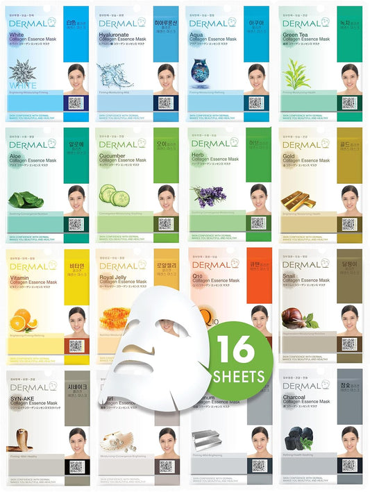 DERMAL 16 Combo Pack A Collagen Essence Full Face Facial Mask Sheet Face Pack For Glowing Skin Self Home Care Face Facial Mask Sheet Korean facial Masks For Women and Men