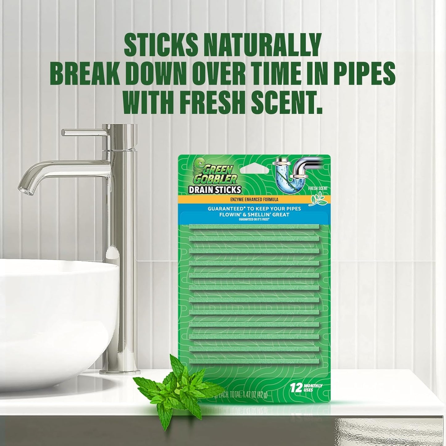 Green Gobbler Drain Cleaner & Deodorizer FRESH SCENT Sticks for Toilet Tanks, Sinks, Bathtub Drains, Washing Machine Drains and Garbage Disposals - 24 Pieces