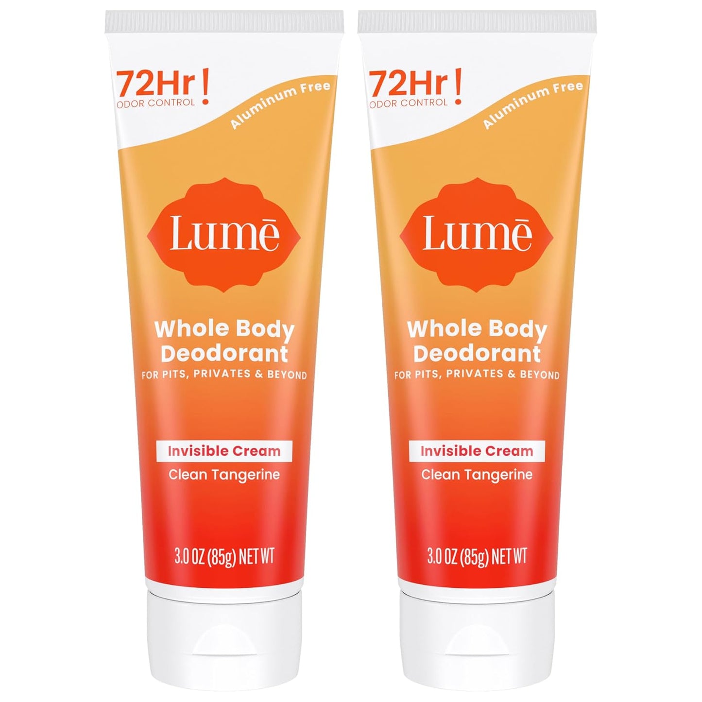 Lume Whole Body Deodorant - Invisible Cream Tube - 72 Hour Odor Control - Aluminum Free, Baking Soda Free, Skin Safe - 3.0 ounce (Pack of 2) (Clean Tangerine)