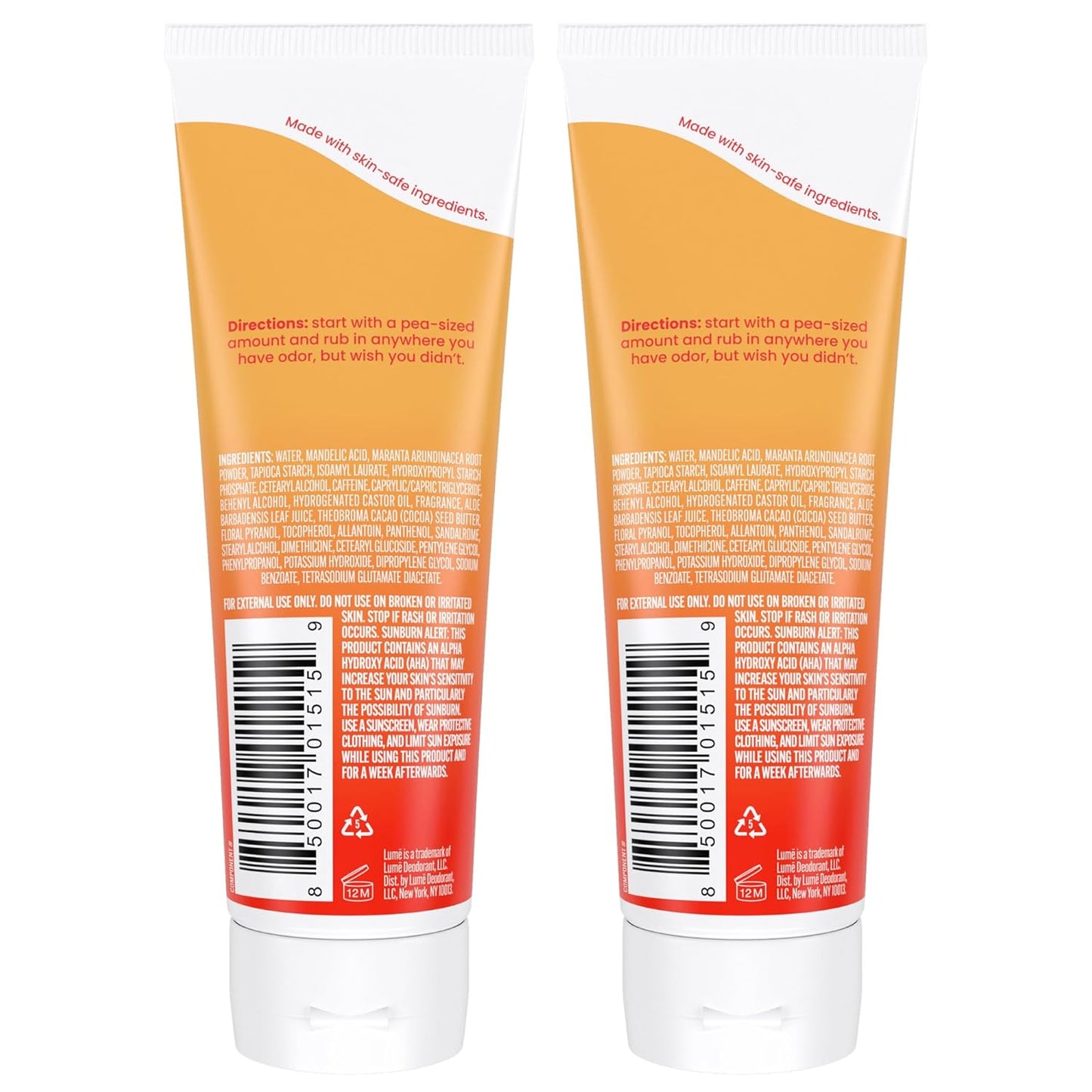 Lume Whole Body Deodorant - Invisible Cream Tube - 72 Hour Odor Control - Aluminum Free, Baking Soda Free, Skin Safe - 3.0 ounce (Pack of 2) (Clean Tangerine)