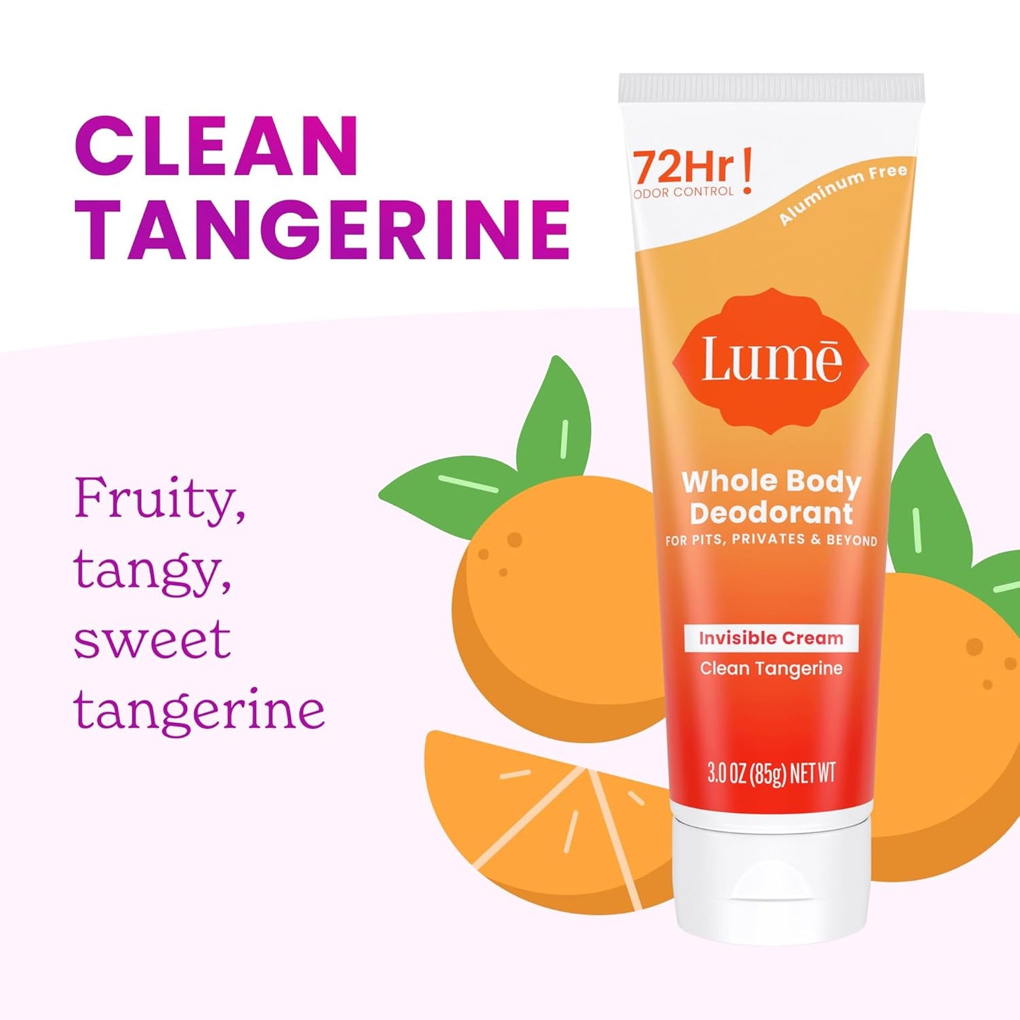 Lume Whole Body Deodorant - Invisible Cream Tube - 72 Hour Odor Control - Aluminum Free, Baking Soda Free, Skin Safe - 3.0 ounce (Pack of 2) (Clean Tangerine)