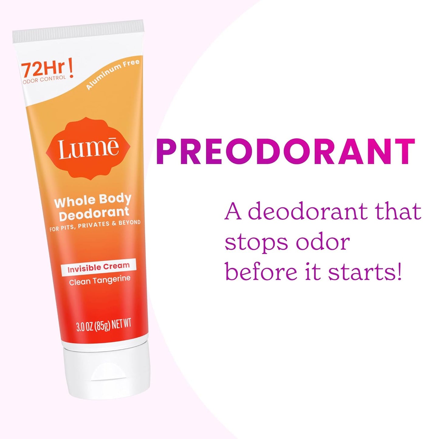 Lume Whole Body Deodorant - Invisible Cream Tube - 72 Hour Odor Control - Aluminum Free, Baking Soda Free, Skin Safe - 3.0 ounce (Pack of 2) (Clean Tangerine)