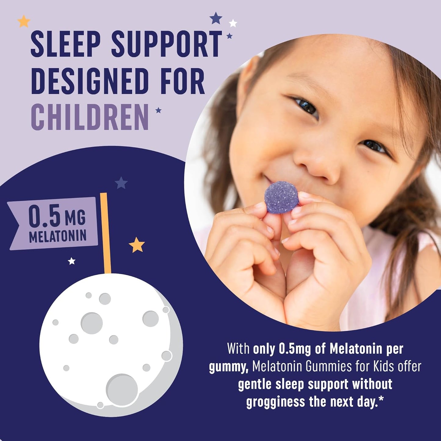 Melatonin Gummies for Kids | 0.5mg Per Gummy | Gentle Rest Support for Children Ages 2+ | Low-Dose Chewable Rest Aid For Kids | with Lemon Balm & Chamomile | Non-GMO, Third-Party Tested 60ct