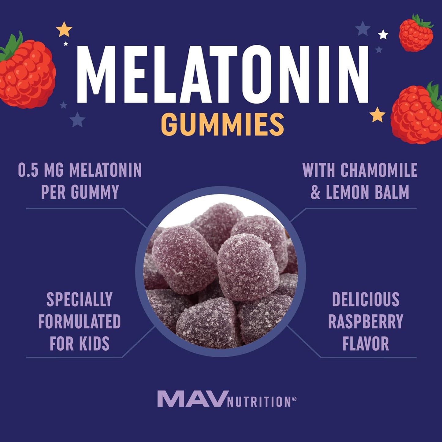 Melatonin Gummies for Kids | 0.5mg Per Gummy | Gentle Rest Support for Children Ages 2+ | Low-Dose Chewable Rest Aid For Kids | with Lemon Balm & Chamomile | Non-GMO, Third-Party Tested 60ct