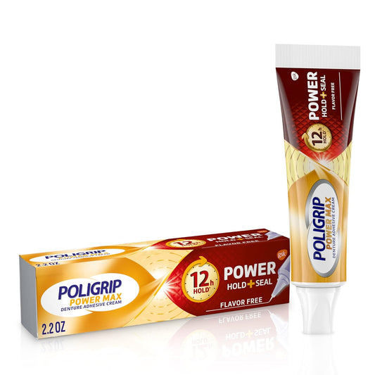 Poligrip Power Max Power Hold Plus Seal Denture Adhesive Cream, Denture Cream for Secure Hold and Food Seal, Flavor Free - 2.2 oz