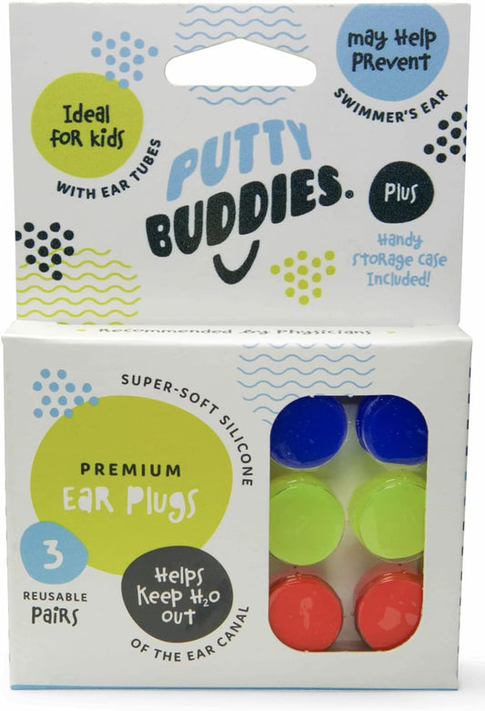 PUTTY BUDDIES Original Swimming Earplugs, 3-Pair Pack (Red/Blue/Yellow)