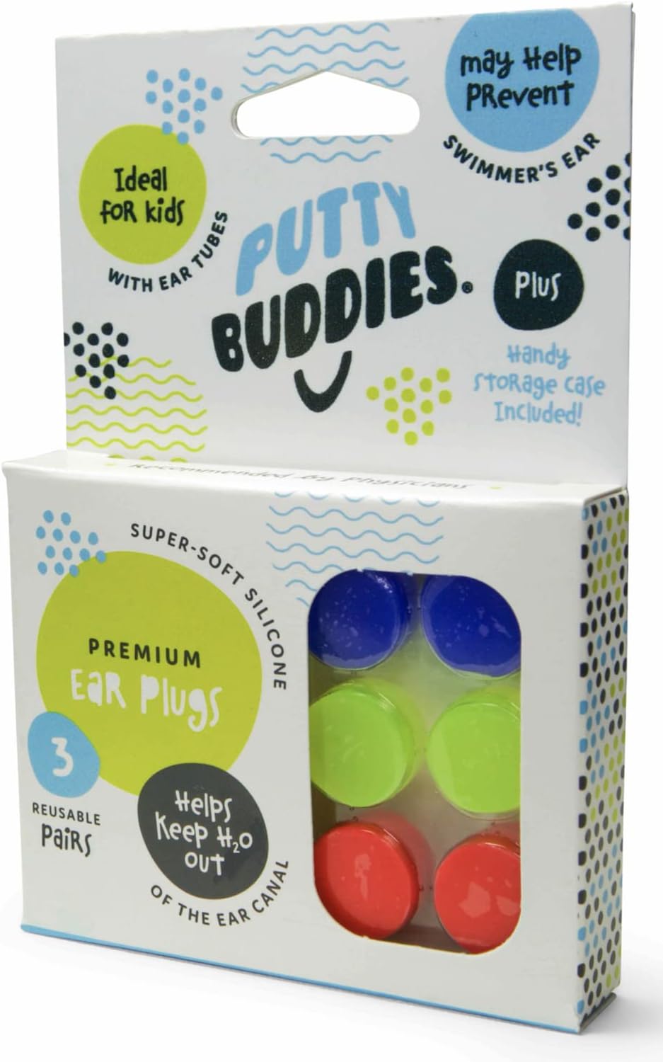 PUTTY BUDDIES Original Swimming Earplugs, 3-Pair Pack (Red/Blue/Yellow)